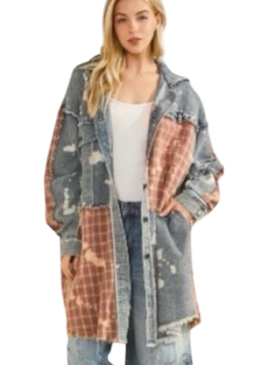 Oli & Hali Jackets & Blazers - Oli & Hali XL Patchwork Denim Hooded Jacket Frayed Edge Plaid Oversized